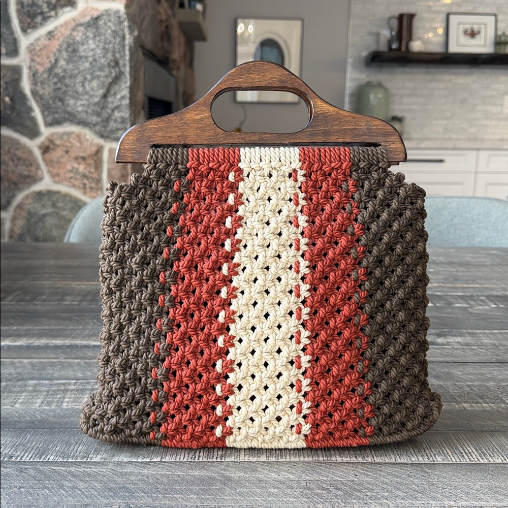 Vintage Handmade Crochet Tote with Wooden Handle